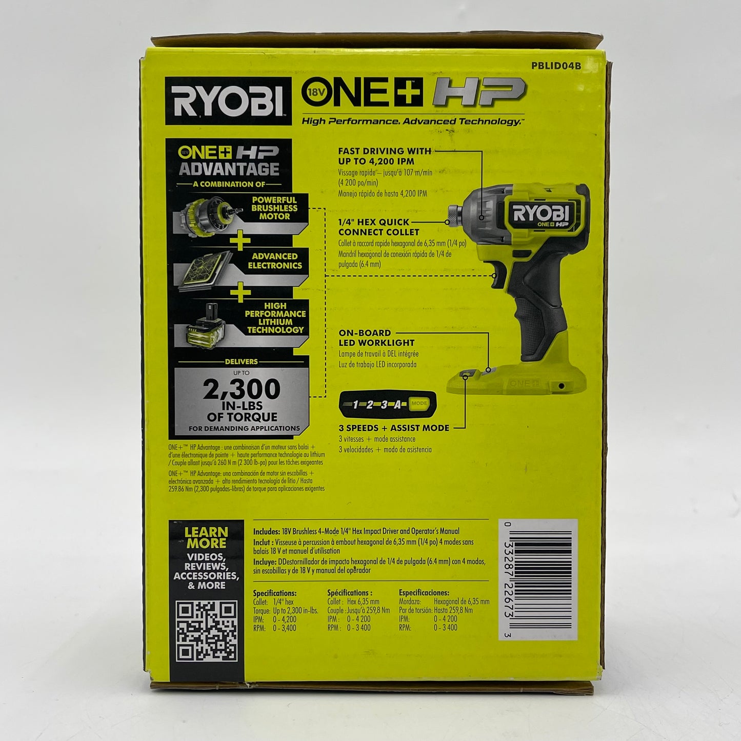 New Ryobi PBLID04B 18V Brushless 4-Mode 1/4" Hex Impact Driver