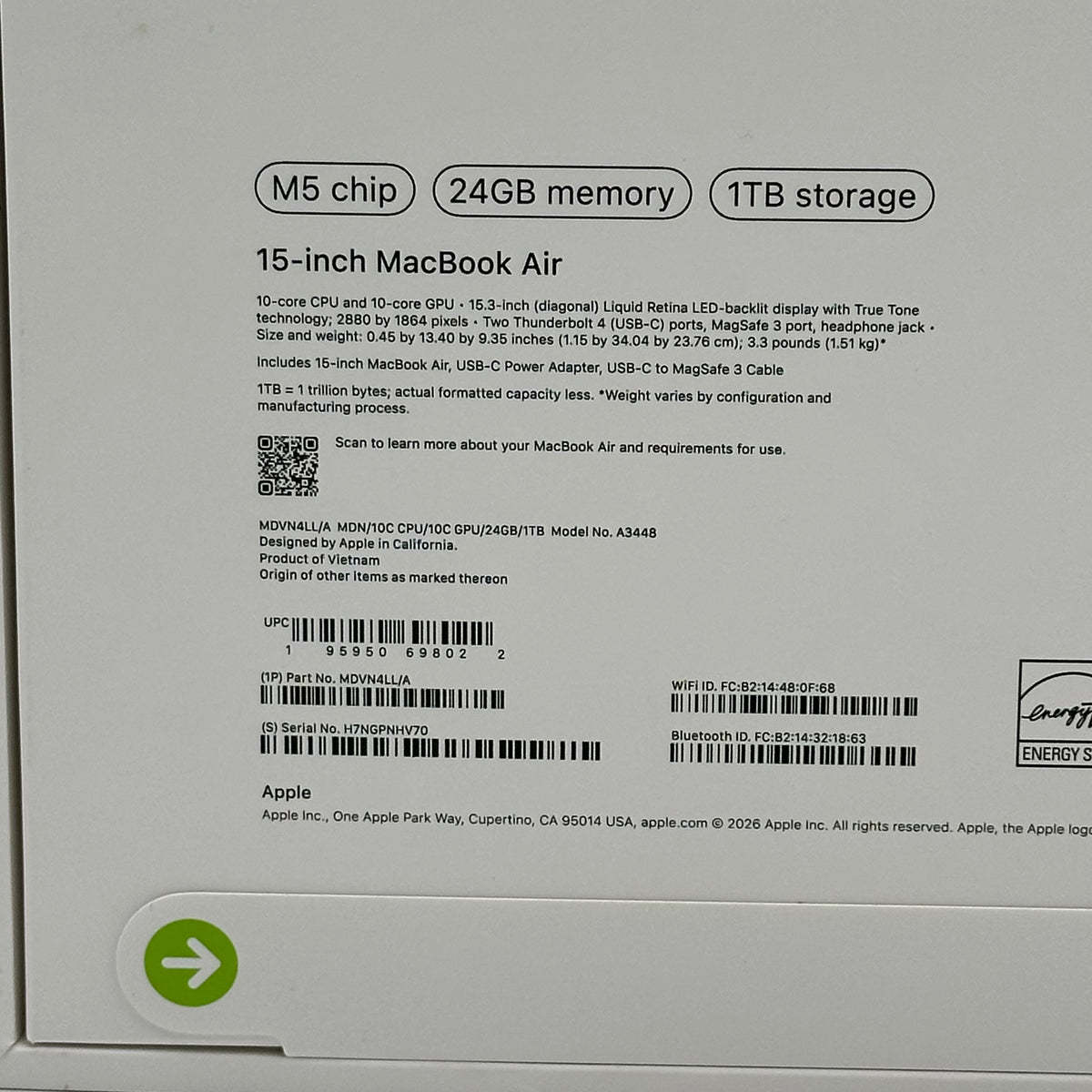 New 2026 Apple MacBook Air 15" M5 10C GPU 4.6GHz 24GB RAM 1TB SSD A3448
