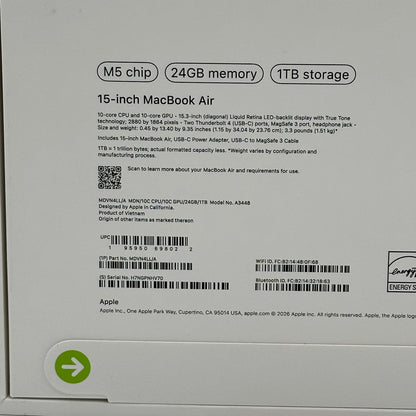 New 2026 Apple MacBook Air 15" M5 10C GPU 4.6GHz 24GB RAM 1TB SSD A3448