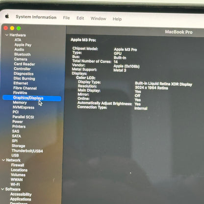 2023 Apple MacBook Pro 14" M3 Pro 14C GPU 4.0GHz 18GB RAM 512GB SSD A2992