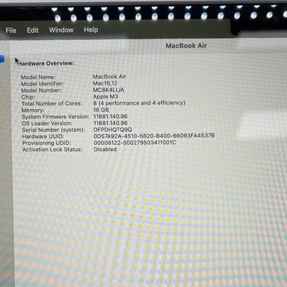 2024 Apple MacBook Air 13.6" M3 8C GPU 16GB RAM 256GB SSD A3113