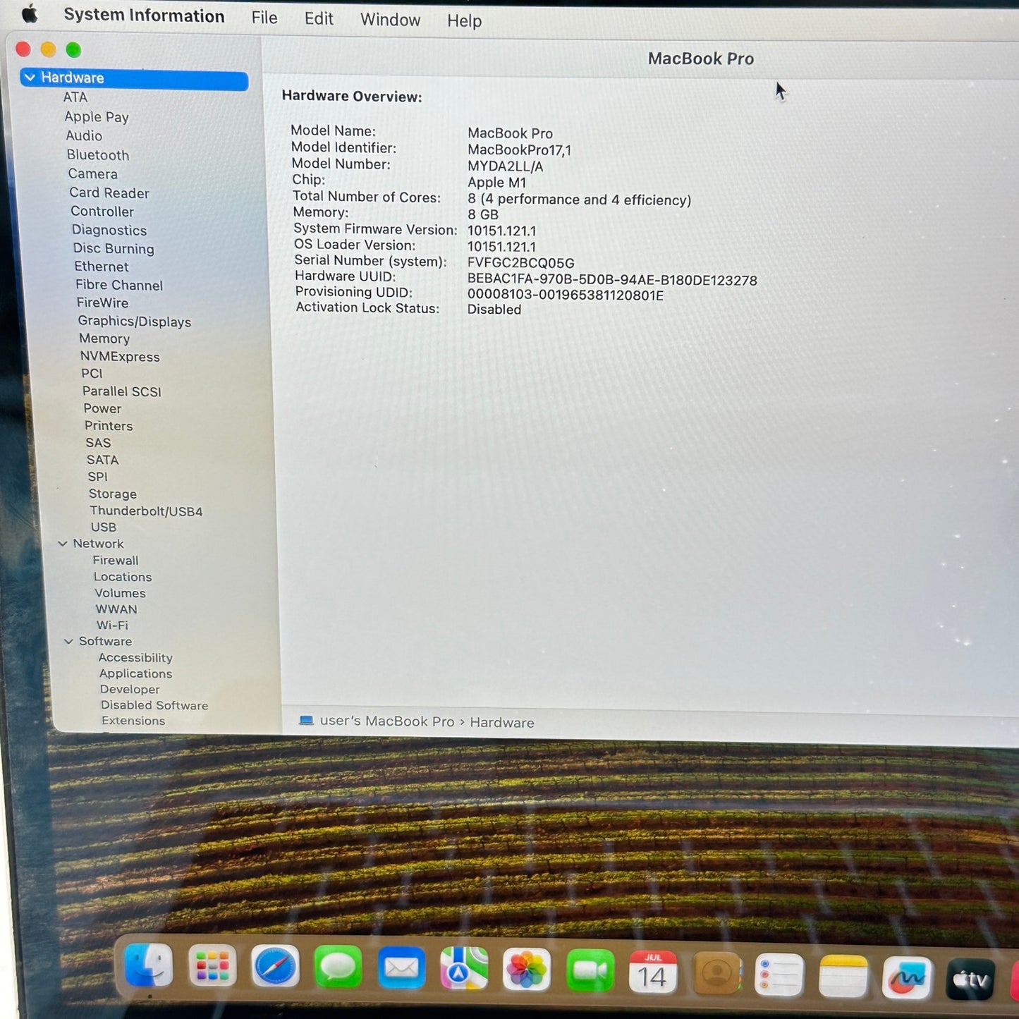 2020 Apple MacBook Pro 13.3" M1 8C GPU 3.2GHz 8GB RAM 256GB SSD READ