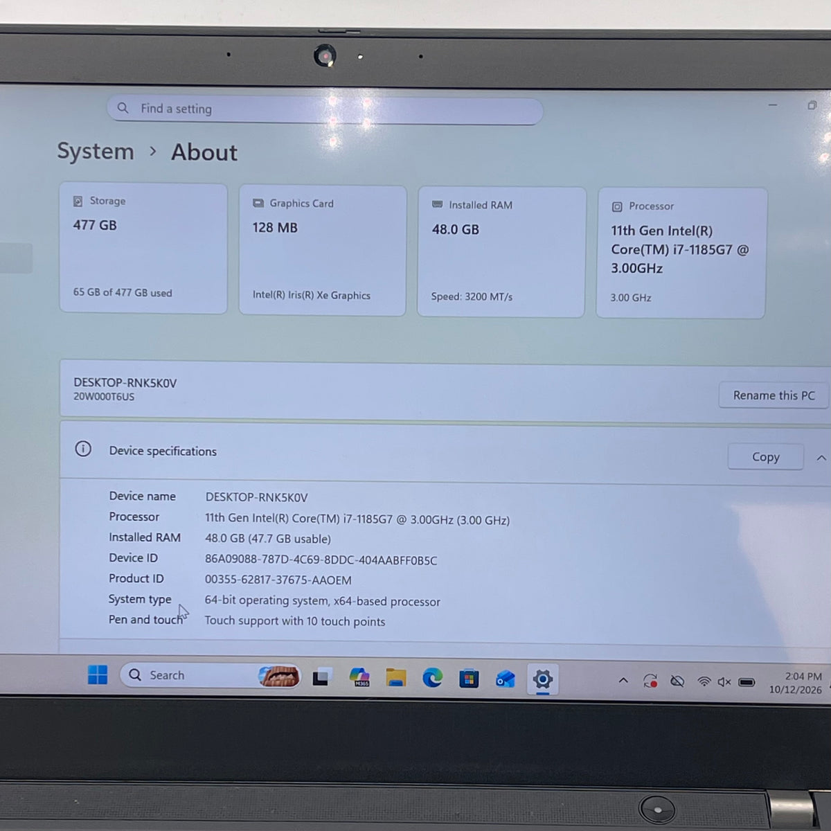 Lenovo ThinkPad T14 Gen 2 14" i7-1185G7 3.0GHz 48GB Ram 512GB SSD