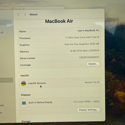 2020 Apple MacBook Air 13.3" i3 1.1GHz 8GB RAM 256GB SSD Space Gray A2179
