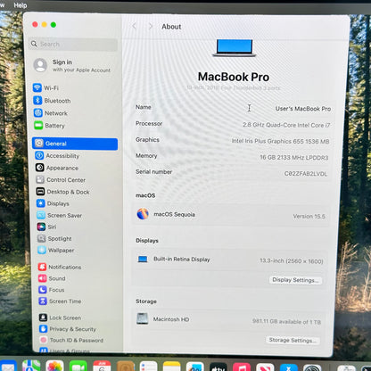 2018 Apple MacBook Pro 13.3" i7-8569U 2.8GHz 16GB RAM 1TB SSD Space Gray A1989