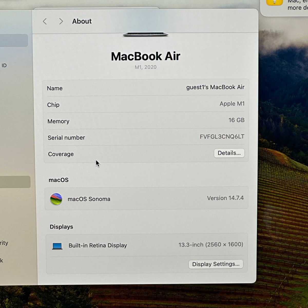 2020 Apple MacBook Air 13.3" M1 8C GPU 3.2GHz 16GB RAM 512GB SSD A2337