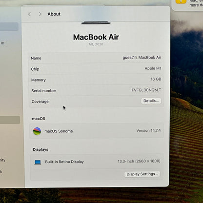 2020 Apple MacBook Air 13.3" M1 8C GPU 3.2GHz 16GB RAM 512GB SSD A2337