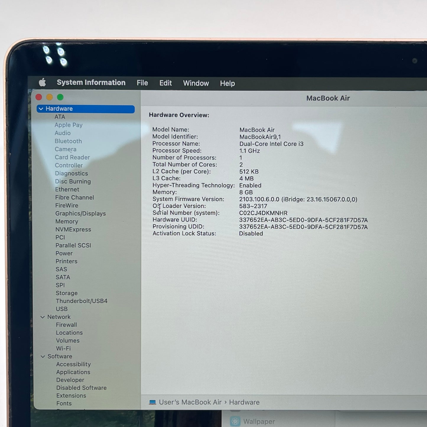 2020 Apple MacBook Air 13.3" i3 1.1GHz 8GB RAM 256GB SSD Gold A2179