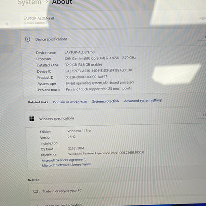 Microsoft Surface Laptop 5 1979 i7-1265U 2.7GHz 32GB RAM 1TB Remotely Managed