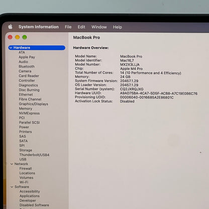 2024 Apple MacBook Pro 16" M4 Pro 20C GPU 4.5GHz 24GB RAM 512GB SSD A3403