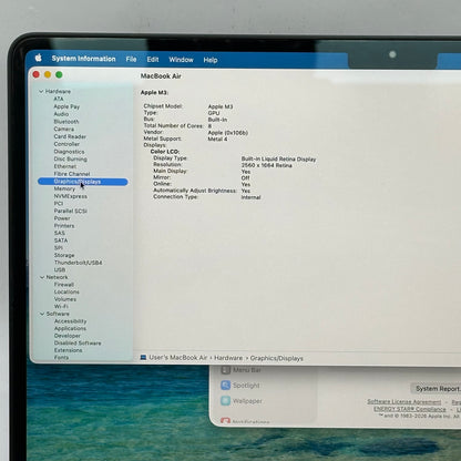2024 Apple Macbook Air 13.6" M3 8C GPU 4.0GHz 8GB RAM 256GB SSD A3113