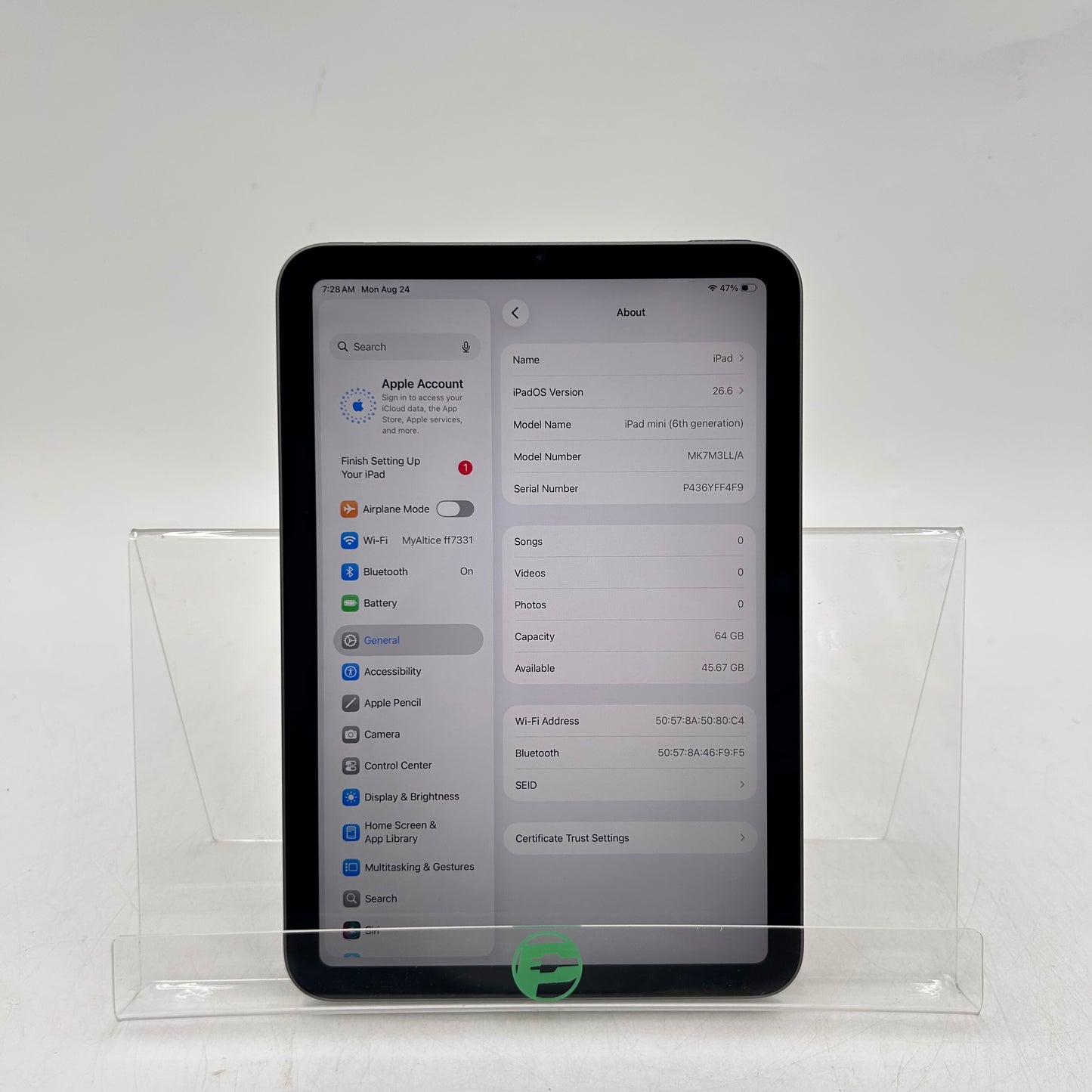 WiFi Only Apple iPad Mini 6th Gen 64GB Space Gray MK7M3LL/A