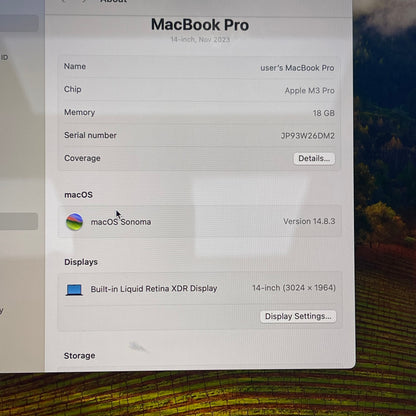 2023 Apple MacBook Pro 14" M3 Pro 14C GPU 4.0GHz 18GB RAM 512GB SSD A2992