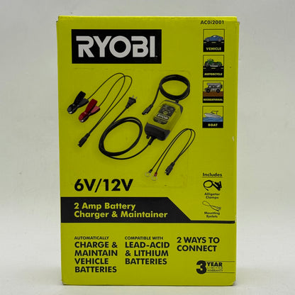 New Ryobi AC0i2001 6V/12V 2 Amp Battery Charger & Maintainer