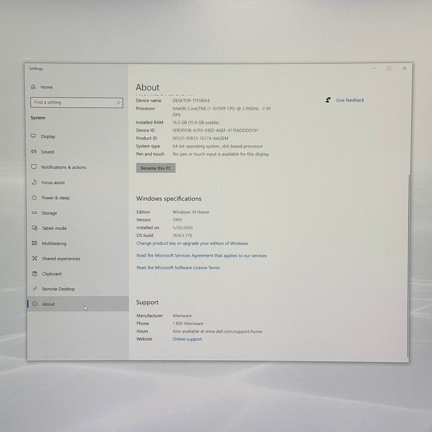 Alienware Aurora R11 Core i7-10700F 2.90GHz 16GB RAM 1TB HDD Nvidia GeForce RTX 2060