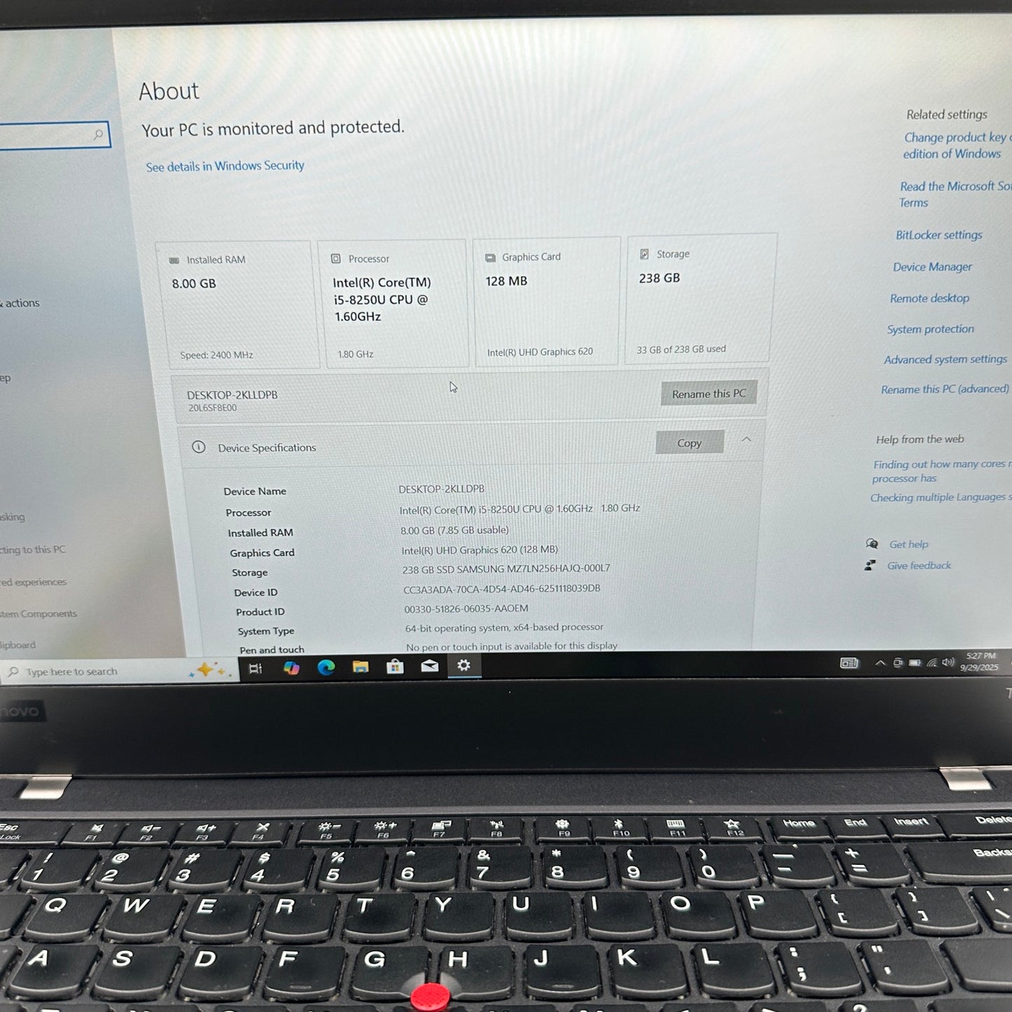 Lenovo ThinkPad T480 20L6 14" i5-8250U 1.6GHz 8GB RAM 256GB SSD READ