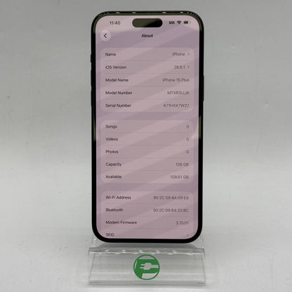 Factory Unlocked Apple iPhone 15 Plus 128GB Black MTXR3LL/A