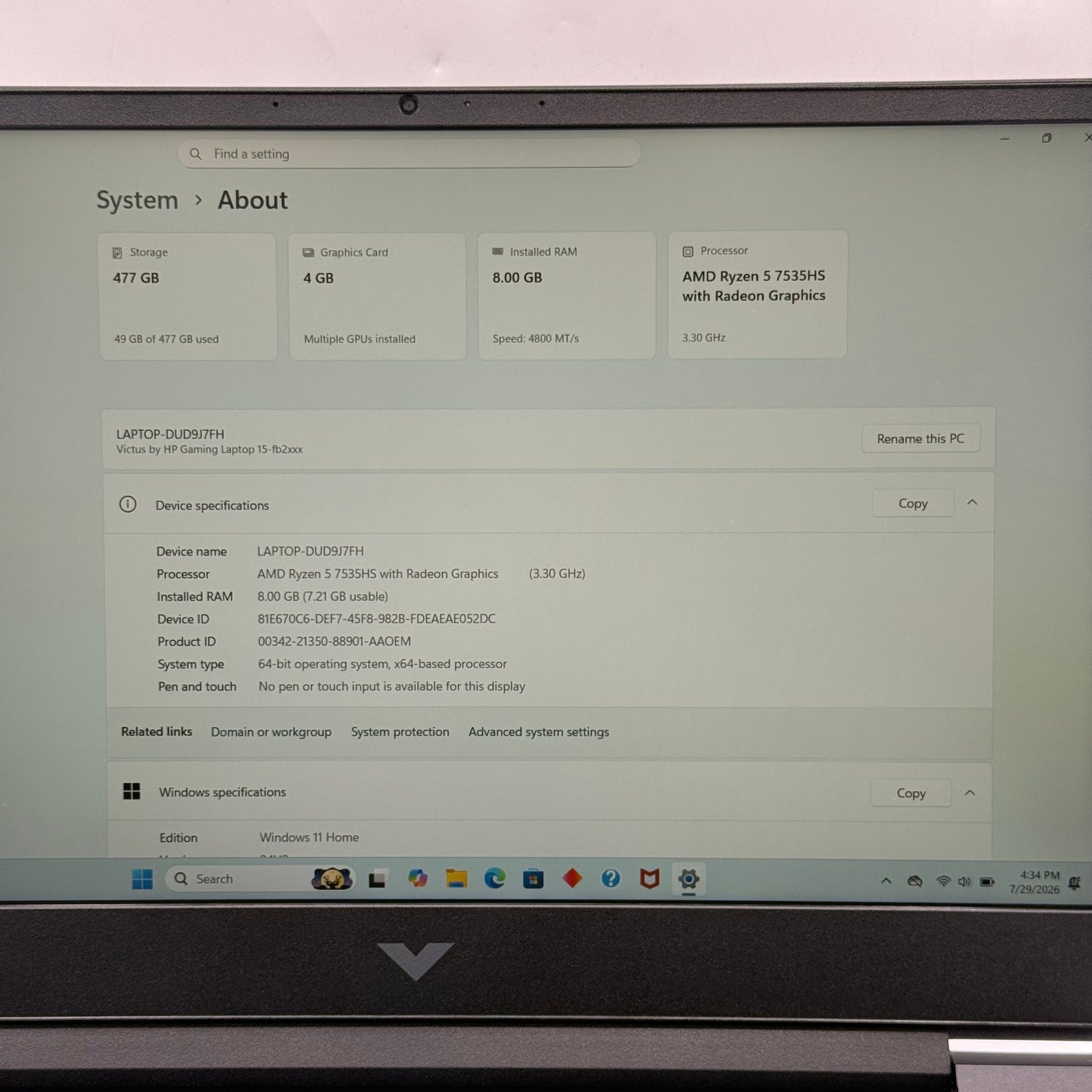 HP Victus 15-FB2063DX 15.6" Ryzen 5 7535HS 3.3GHz 8GB RAM 512GB SSD