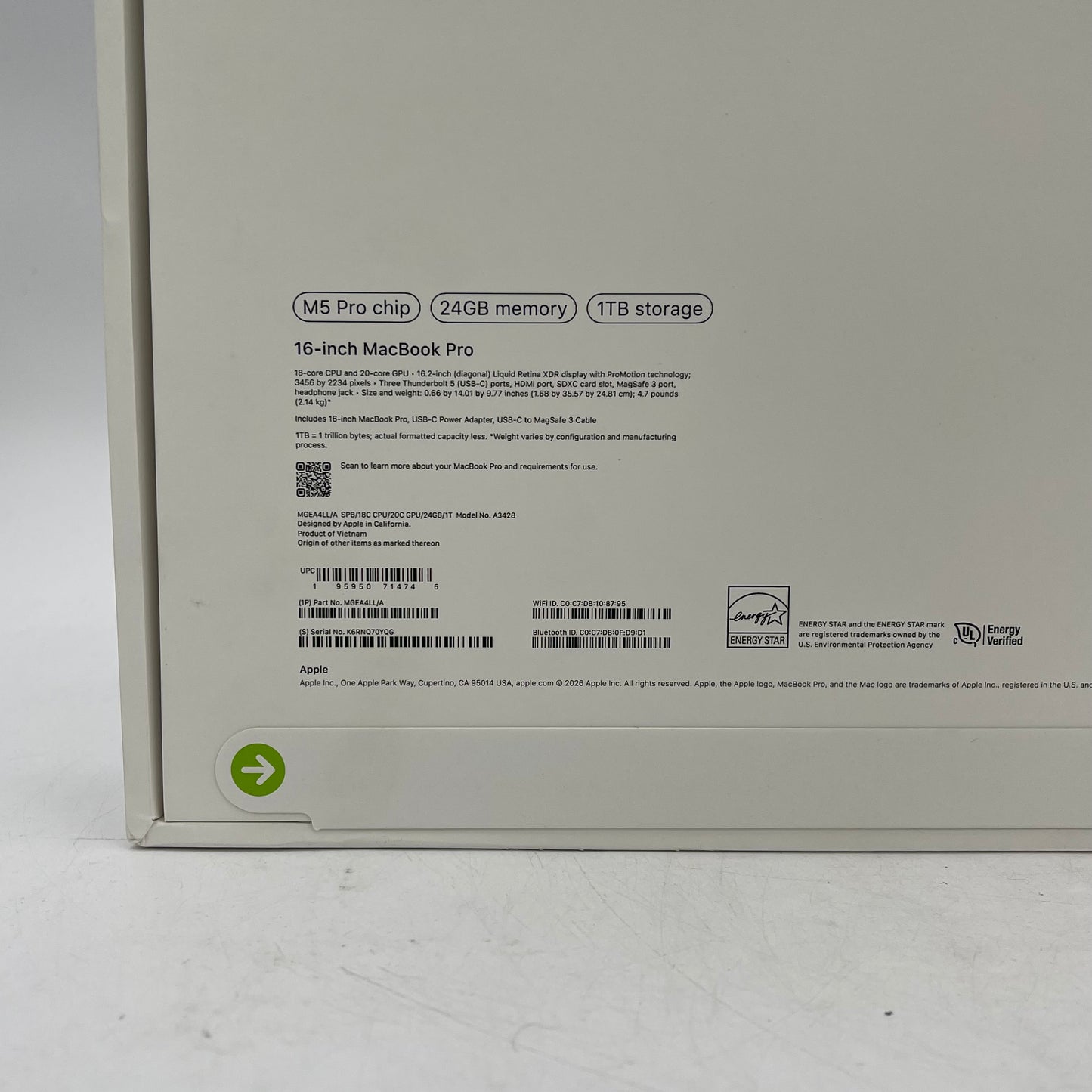 New 2026 Apple MacBook Pro 16" M5 Pro 20C GPU 4.6GHz 24GB RAM 1TB SSD A3428
