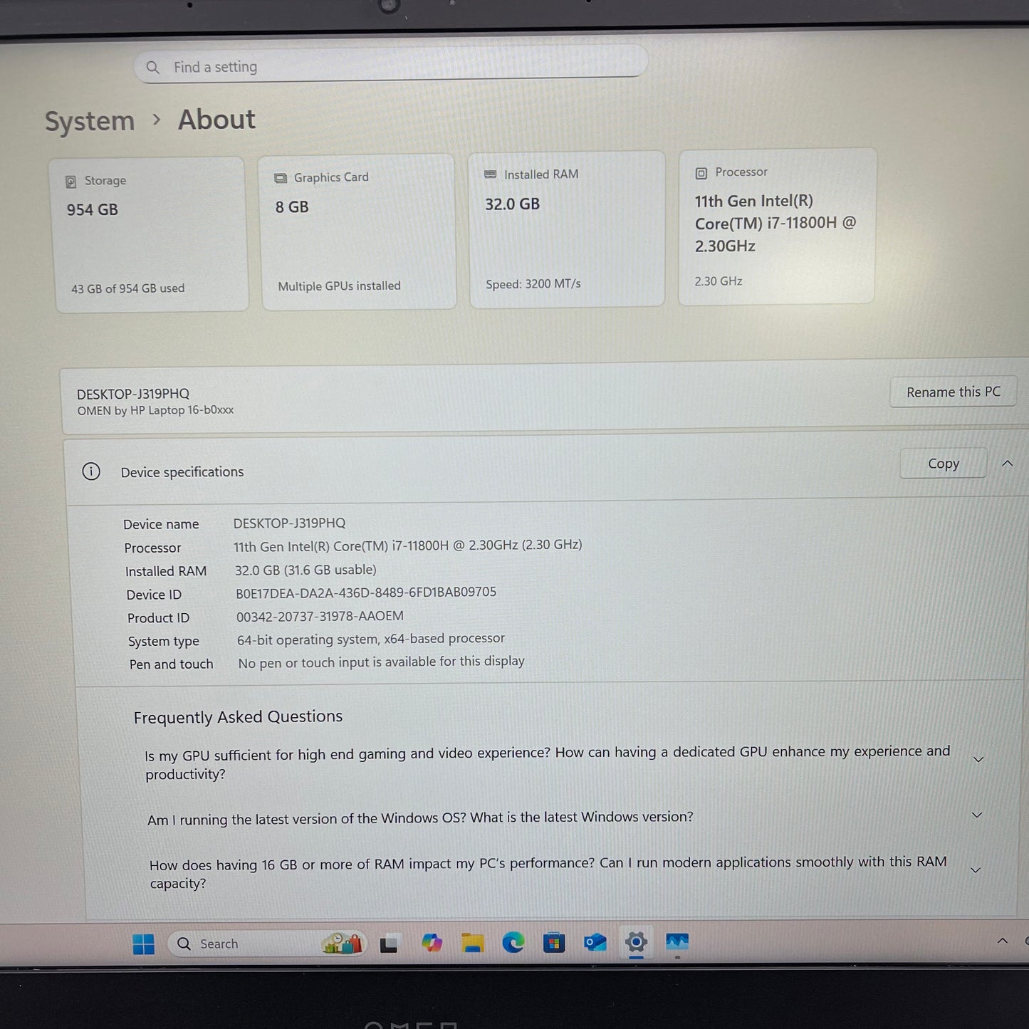 HP Omen 16-B005DX 16.1 I7-11800H 2.3GHz 32GB RAM 1TB SSD GeForce RTX 3070