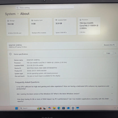 HP Omen 16-B005DX 16.1 I7-11800H 2.3GHz 32GB RAM 1TB SSD GeForce RTX 3070