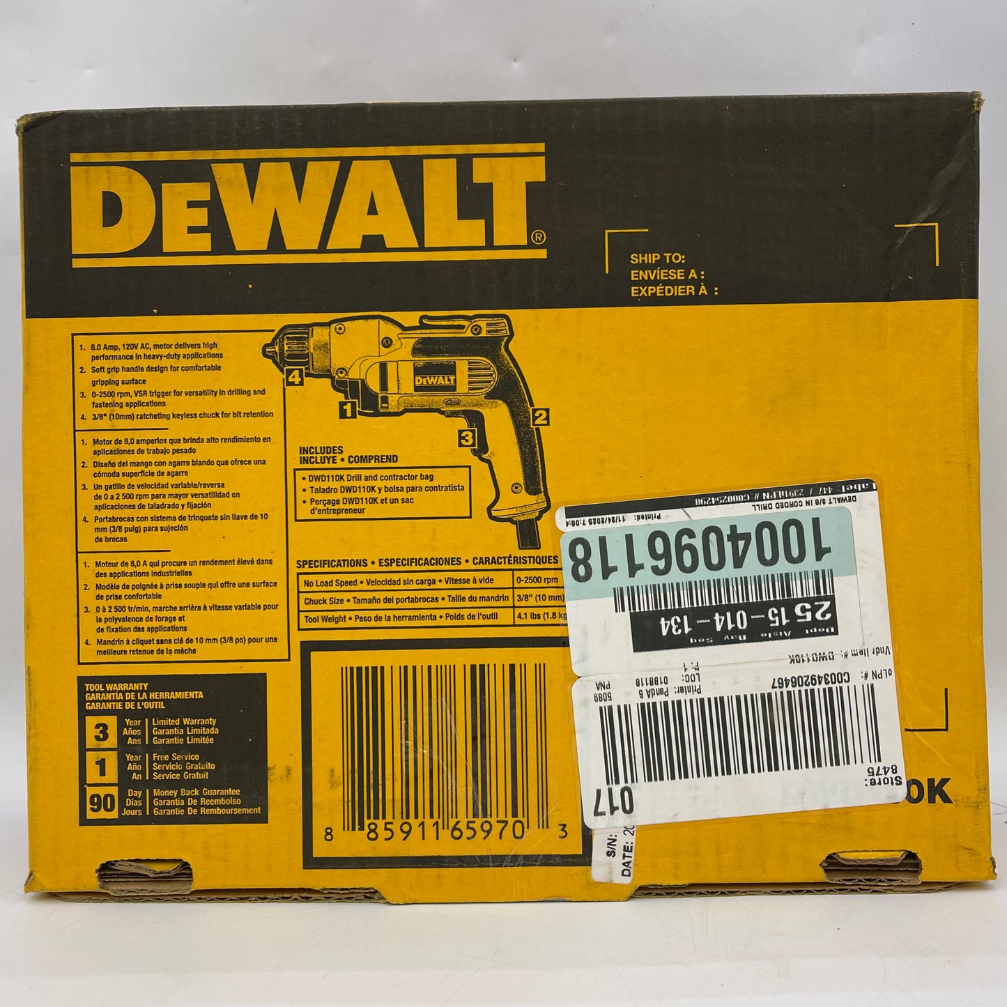New DeWalt DWD110K 3/8" (10mm) Keyless Chuck Drill Kit