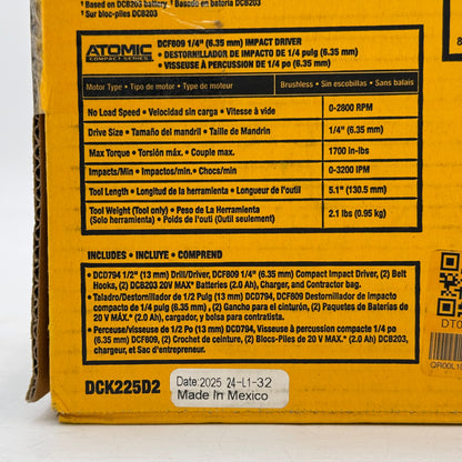 New DeWalt DCK225D2 20V MAX Atomic Compact Series Brushless 2-Tool Combo Kit