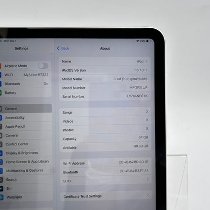WiFi Only Apple iPad 10th Gen 64GB Silver MPQ03LL/A
