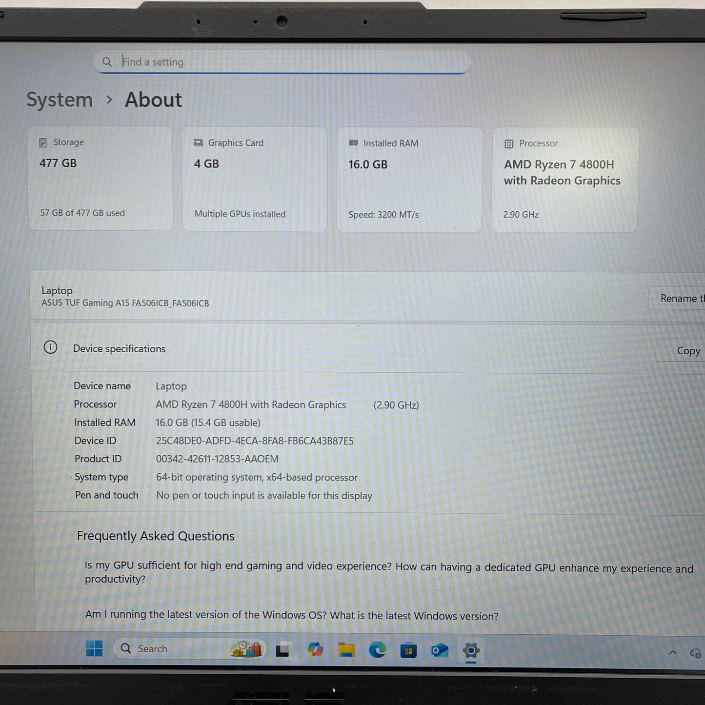 Asus TUF A15 15.6" Ryzen 7 4800H 2.9GHz 16GB RAM 512GB SSD GeForce RTX 3050