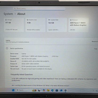 Asus TUF A15 15.6" Ryzen 7 4800H 2.9GHz 16GB RAM 512GB SSD GeForce RTX 3050