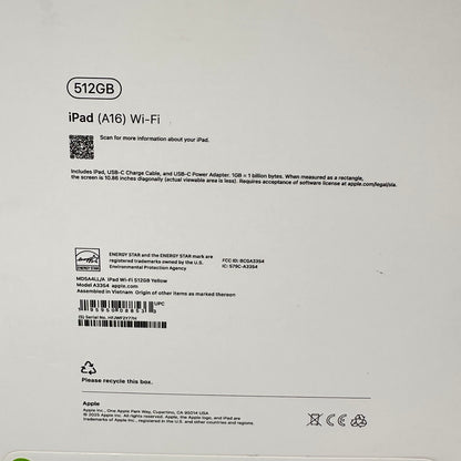 New WiFi Only Apple iPad 11" (A16) 512GB Yellow MD5A4LL/A