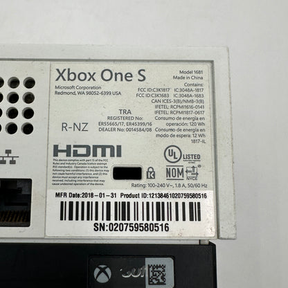 Microsoft Xbox One S 500GB Console Gaming System White 1681 & Cables