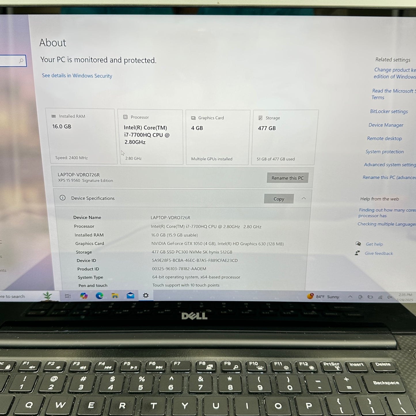 Broken Dell XPS 15 9560 P56F001 15.6" i7-7700HQ 2.8GHz 16GB RAM 512GB SSD GTX 1050