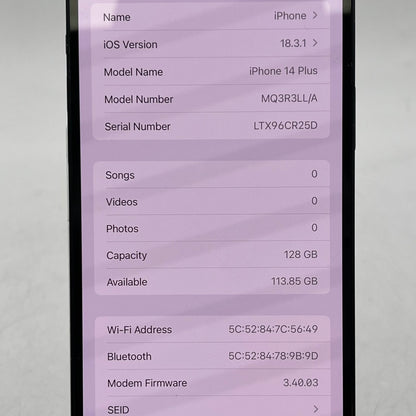 Factory Unlocked Apple iPhone 14 Plus 128GB Midnight MQ3R3LL/A