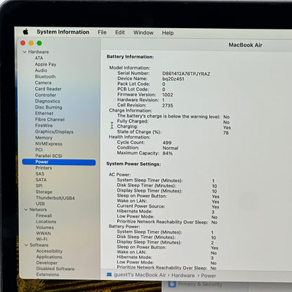 2020 Apple MacBook Air 13.3" M1 8C GPU 3.2GHz 16GB RAM 512GB SSD A2337