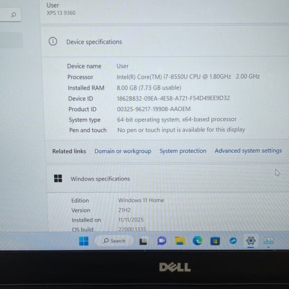 Dell XPS 9360 13.3" i7-8550U 2.0GHz 8GB RAM 256GB SSD