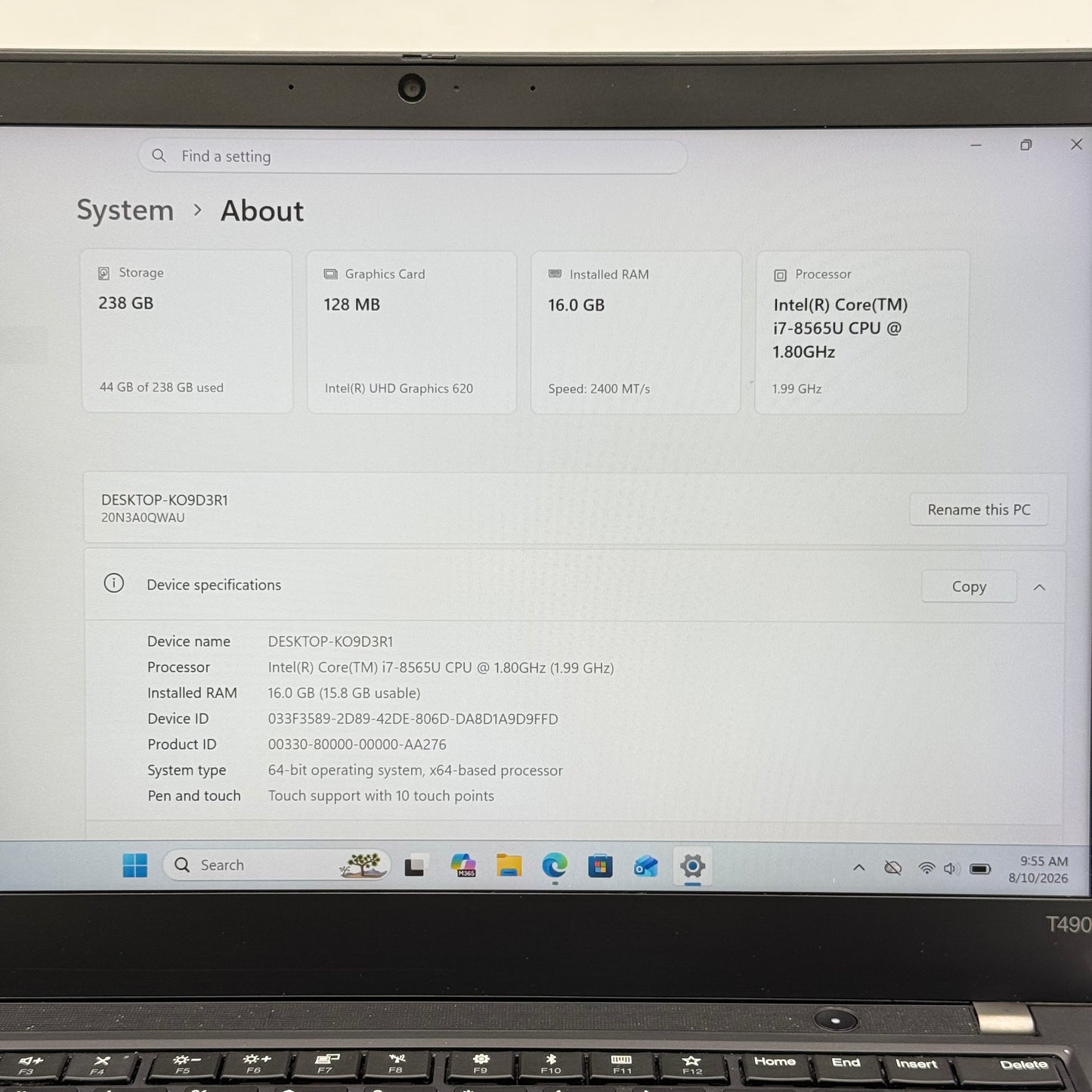 Lenovo ThinkPad T490 20N3 14" i7-8565U 1.8GHz 16GB RAM 256GB SSD