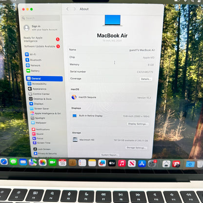 2024 Apple MacBook Air 13.6" M3 8C GPU 4.0GHz 8GB RAM 256GB SSD MRXT3LL/A
