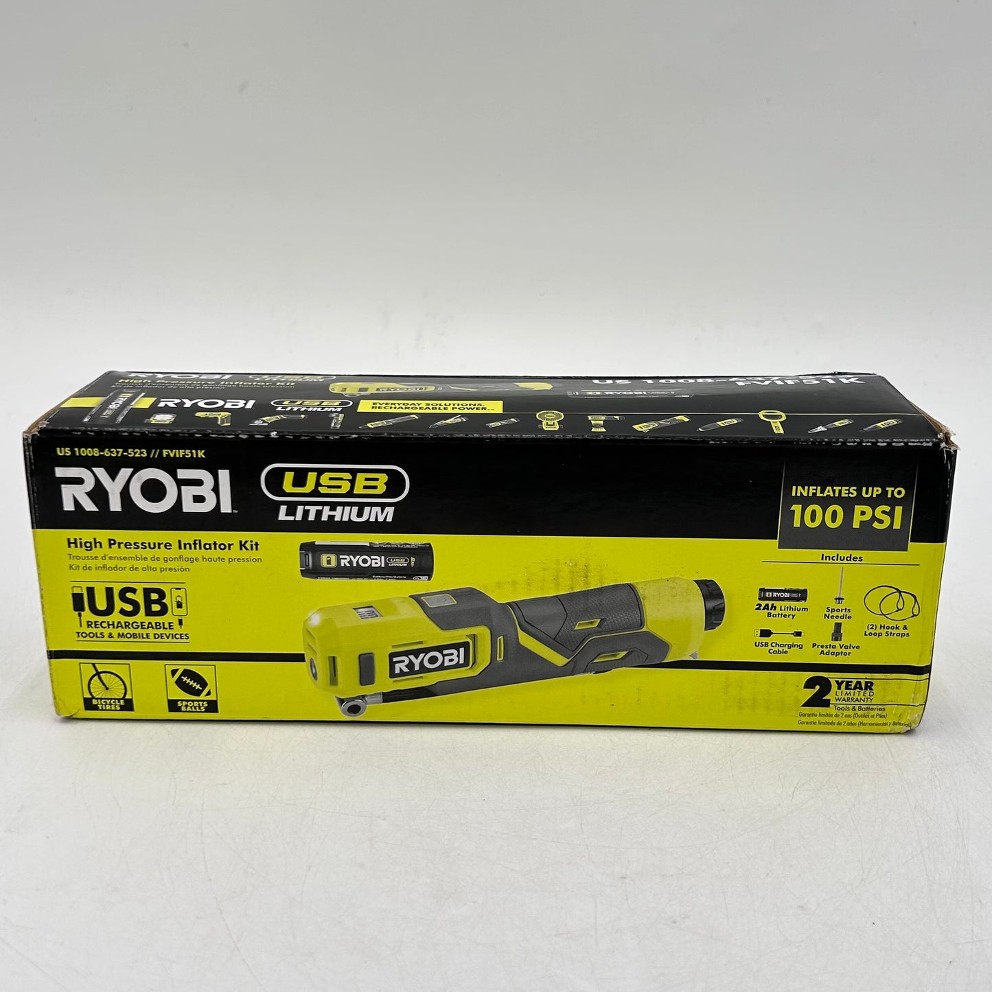 New Ryobi FVIF51K 4V High Pressure Inflator Kit