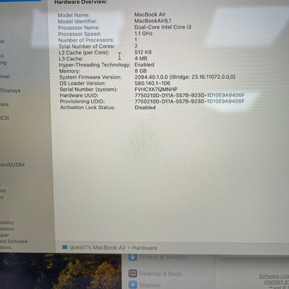 2020 Apple MacBook Air 13.3" i3 1.1GHz 8GB RAM 256GB SSD Space Gray A2179