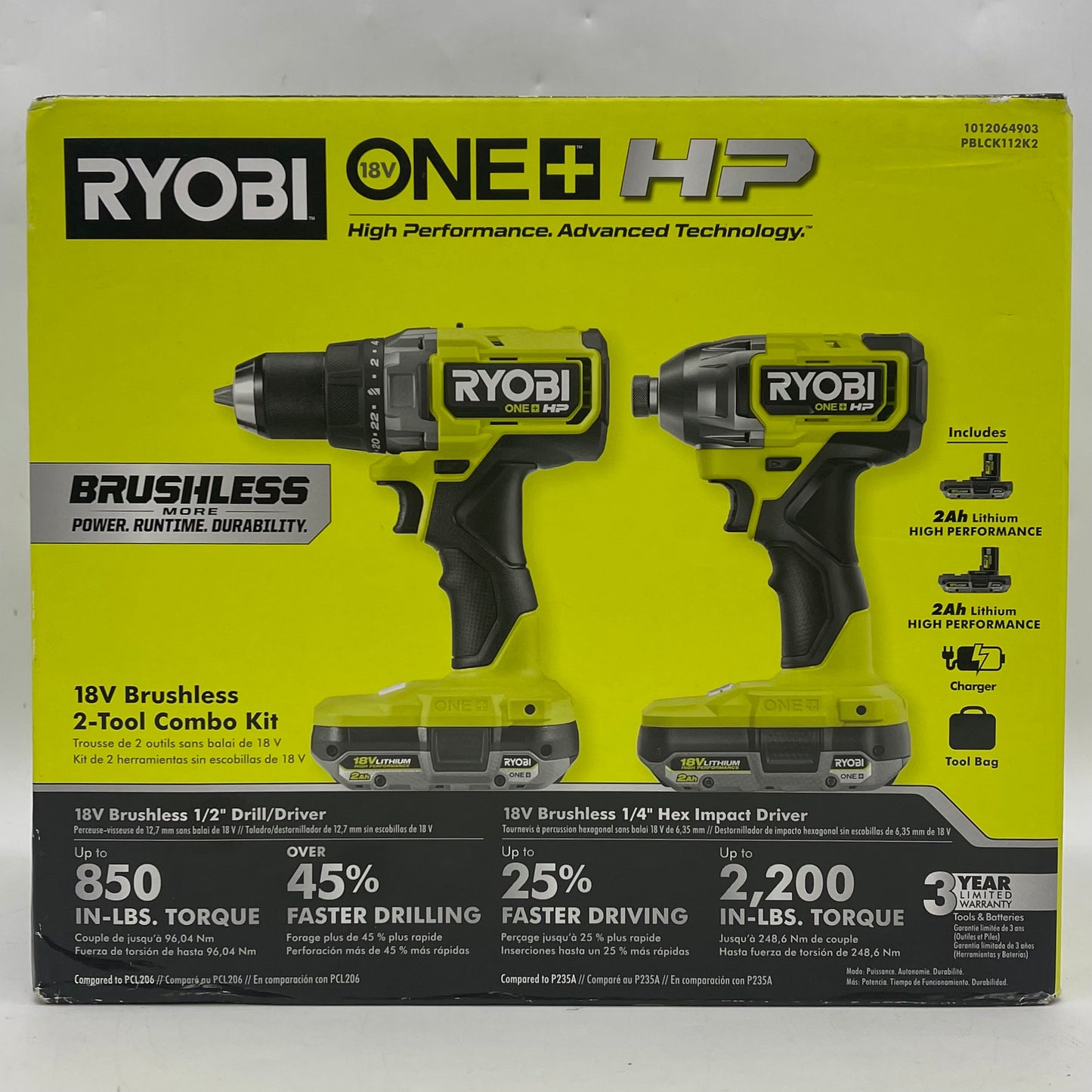 New Ryobi PBLCK112K2 18V Brushless 1/4" Hex Impact Driver 2 Tool Combo Kit