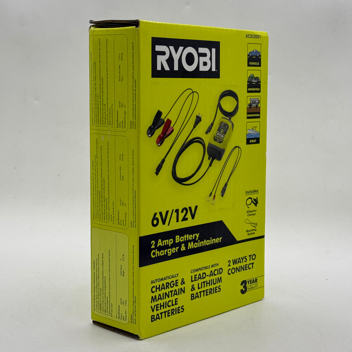 New Ryobi AC0i2001 6V/12V 2 Amp Battery Charger & Maintainer