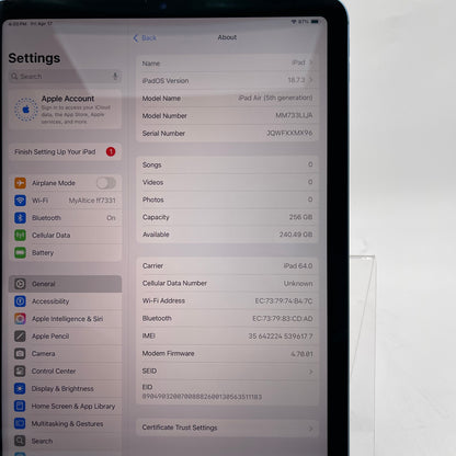 Unlocked Apple iPad Air 5th Gen 256GB Blue MM733LL/A