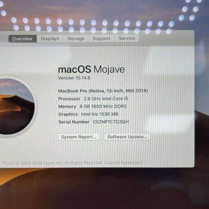 2014 Apple MacBook Pro 13.3" i5 2.6GHz 8GB RAM 128GB SSD Silver A1502 Read