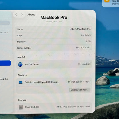 2023 Apple MacBook Pro 14" M3 10C GPU 4.0GHz 8GB RAM 512GB SSD A2918