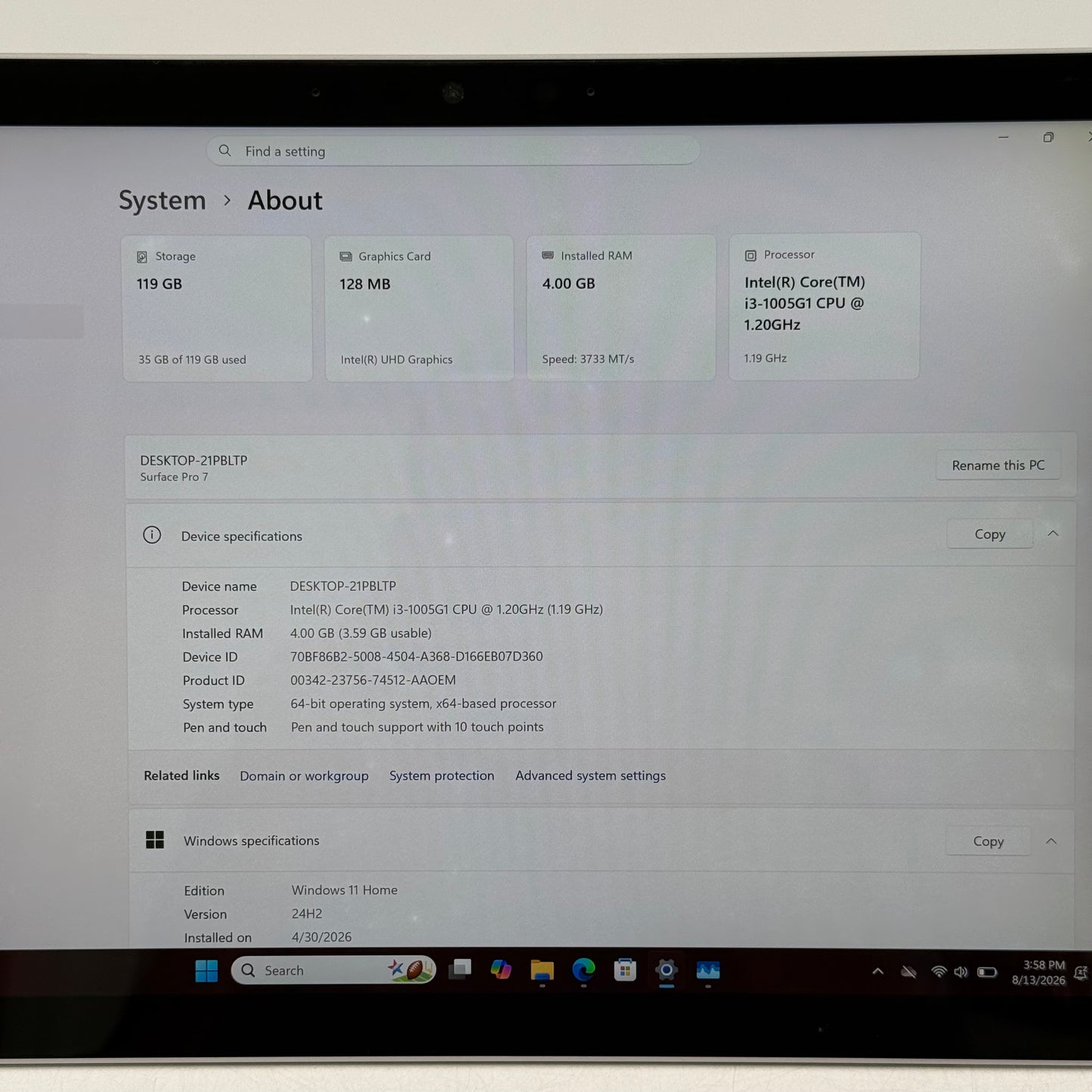 Microsoft Surface Pro 7 1866 12.3" i3-1005G1 1.2GHz 4GB RAM 128GB SSD