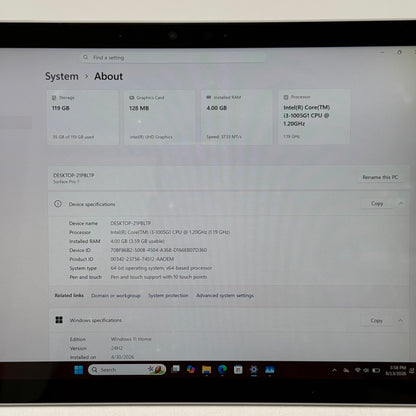 Microsoft Surface Pro 7 1866 12.3" i3-1005G1 1.2GHz 4GB RAM 128GB SSD