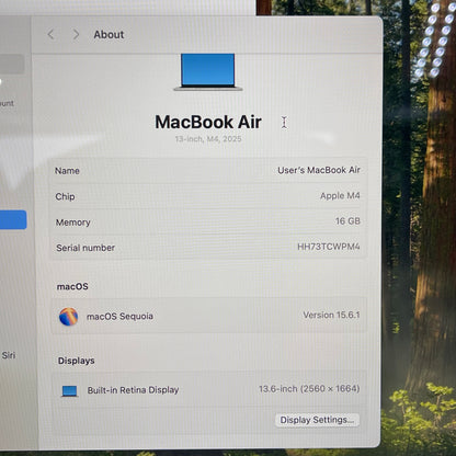 2025 Apple MacBook Air 13" M4 8C GPU 4.5GHz 16GB RAM 256GB SSD A3240