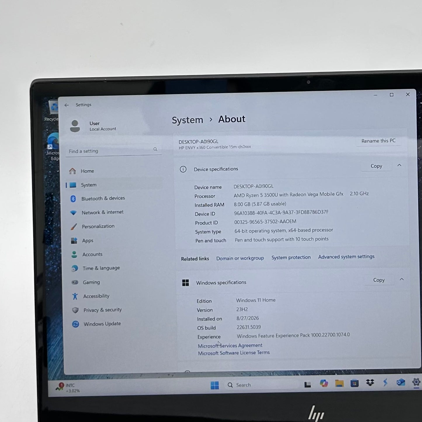 HP Envy x360 15M-DS0011DX 15.6" Ryzen 5 3500U 2.1GHz 8GB RAM 256GB SSD