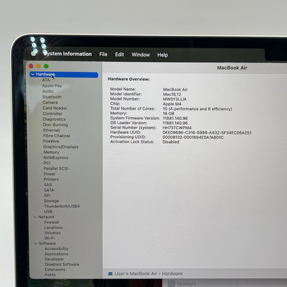 2025 Apple MacBook Air 13" M4 8C GPU 4.5GHz 16GB RAM 256GB SSD A3240